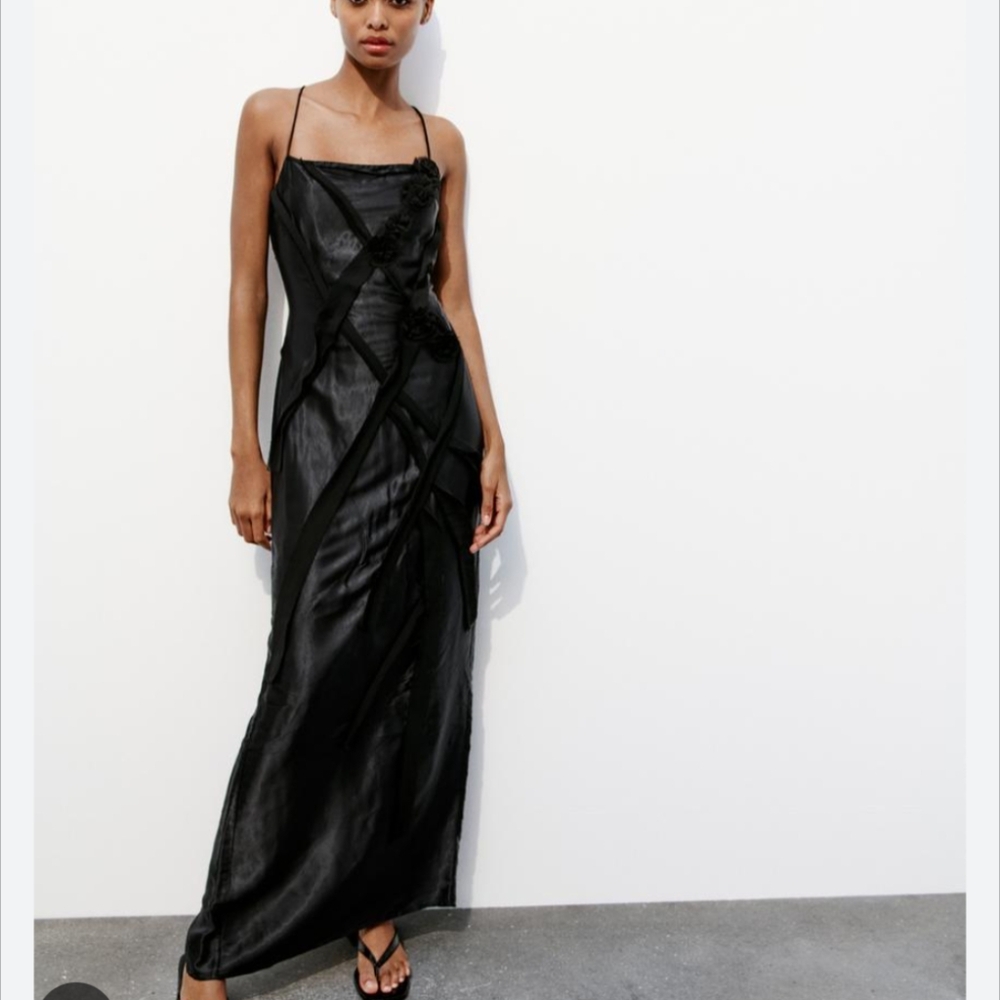 ZARA floral Satin strappy slip dress Black M NWT - Picture 2 of 4